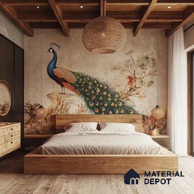 Eclectic Bedroom Design with Peacock Mural and Rustic Charm Total Environment In That Quiet Earth Hennur Road | Material Depot