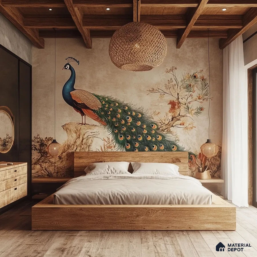 Eclectic Bedroom Design with Peacock Mural and Rustic Charm Total Environment In That Quiet Earth Hennur Road | Material Depot