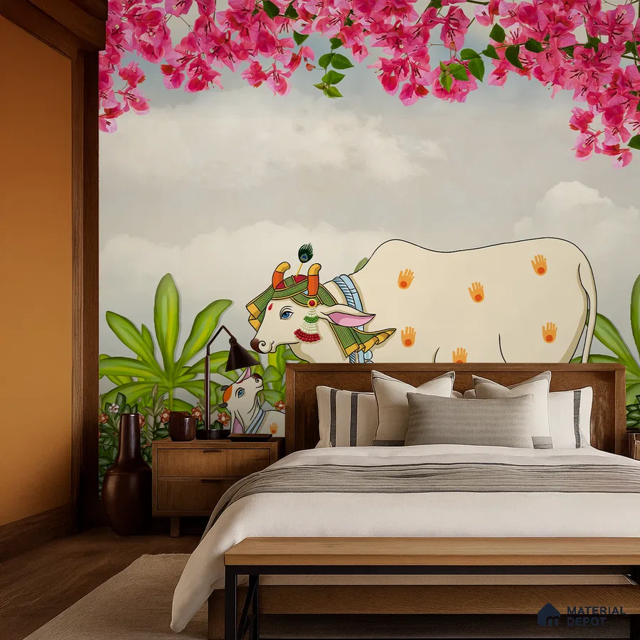 Eclectic bedroom with Pichwai wallpaper, natural wood furniture, and warm beige palette in Bengaluru