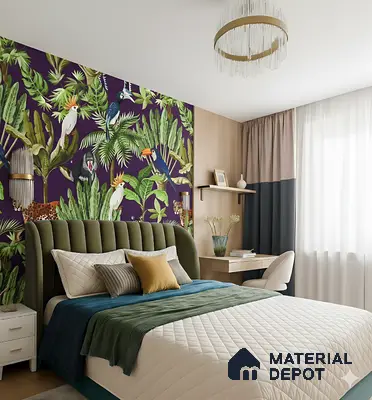 Eclectic bedroom with tropical animal print wallpaper, olive green velvet headboard, and light wood panel accent in Sattva Anugraha Vijayanagar 3 BHK Bengaluru Apartment