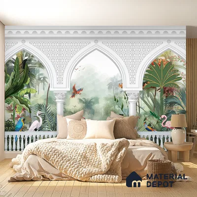 Eclectic bedroom with tropical arch mural wallpaper and light oak wooden flooring in Bengaluru