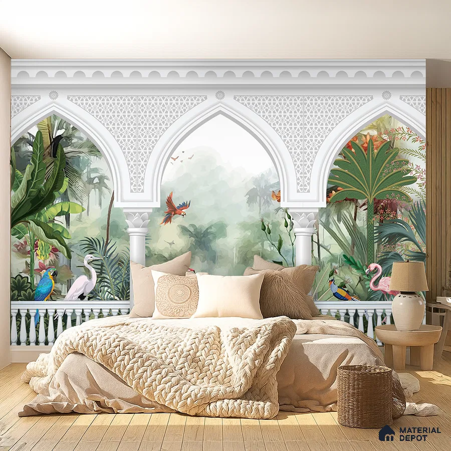 Eclectic bedroom with tropical arch mural wallpaper and light oak wooden flooring in Bengaluru