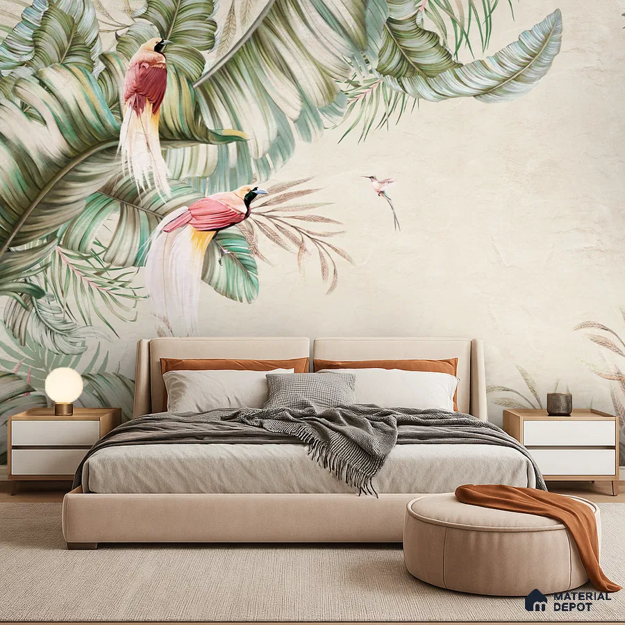 Eclectic bedroom with tropical bird wallpaper and beige upholstered bed in Bengaluru