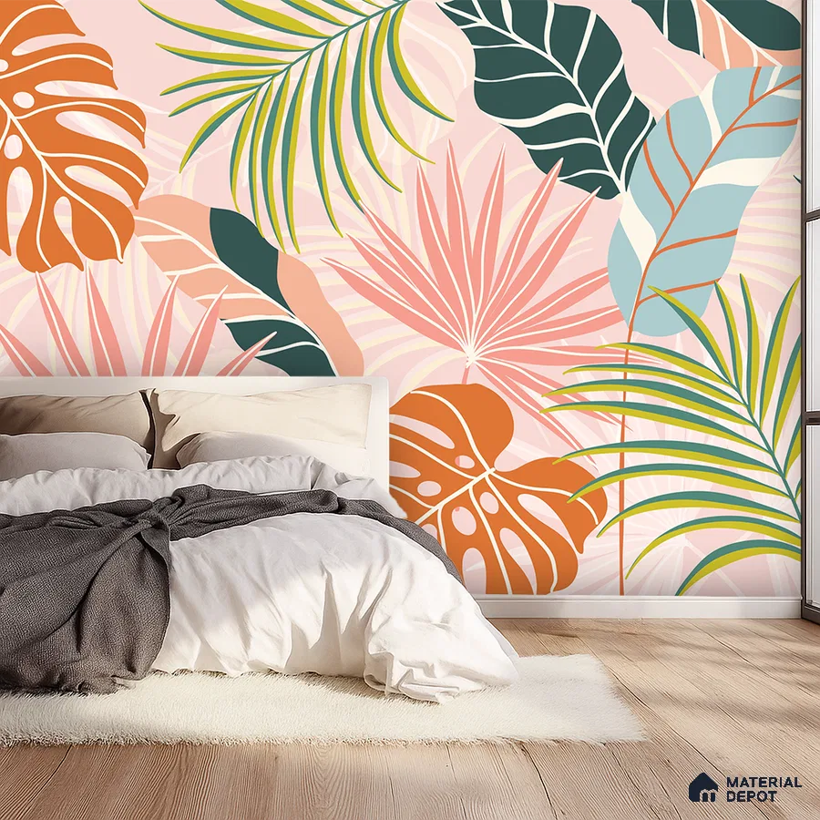 Eclectic bedroom with tropical floral wallpaper and light wood flooring in Bengaluru