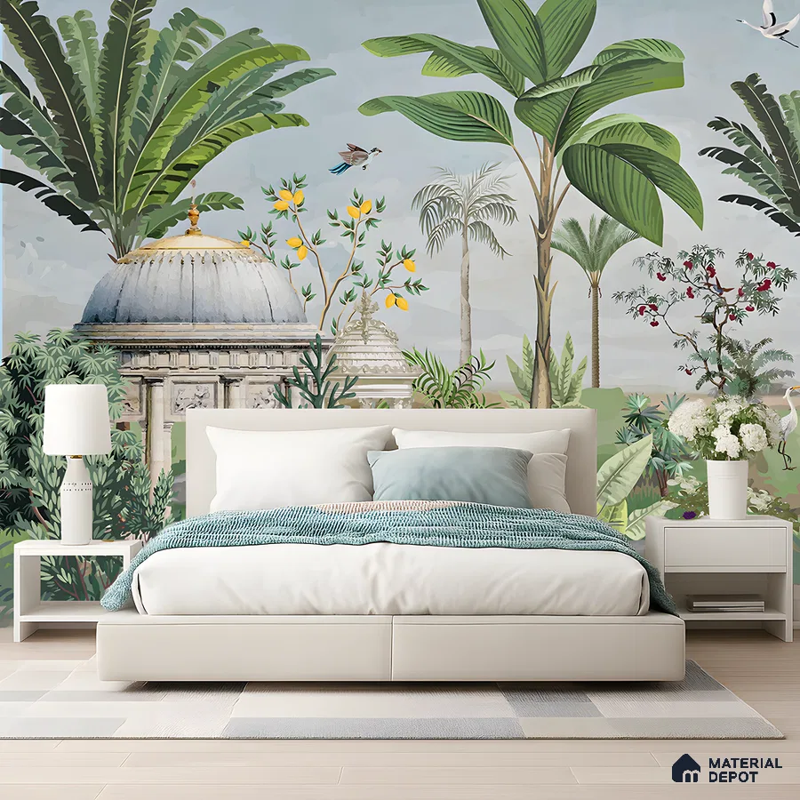 Eclectic bedroom with tropical mural wallpaper and ivory upholstered bed in Bengaluru
