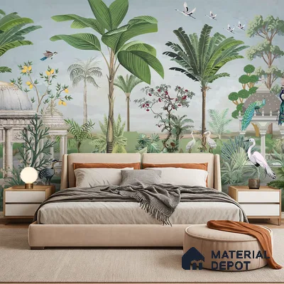 Eclectic bedroom with tropical nature wallpaper and beige upholstered bed in Bengaluru