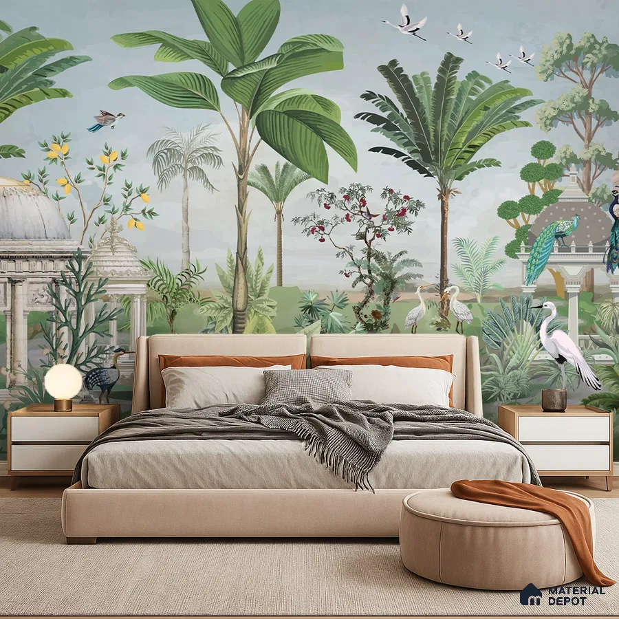 Eclectic bedroom with tropical nature wallpaper and beige upholstered bed in Bengaluru