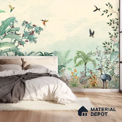 Eclectic bedroom with tropical nature wallpaper and light oak wooden flooring in Bengaluru