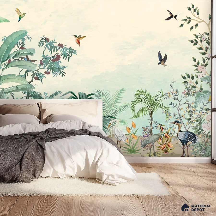 Eclectic bedroom with tropical nature wallpaper and light oak wooden flooring in Bengaluru