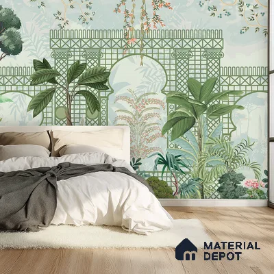 Eclectic bedroom with tropical nature wallpaper and light oak wooden flooring in Bengaluru