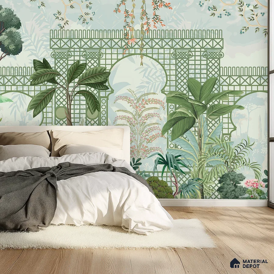 Eclectic bedroom with tropical nature wallpaper and light oak wooden flooring in Bengaluru