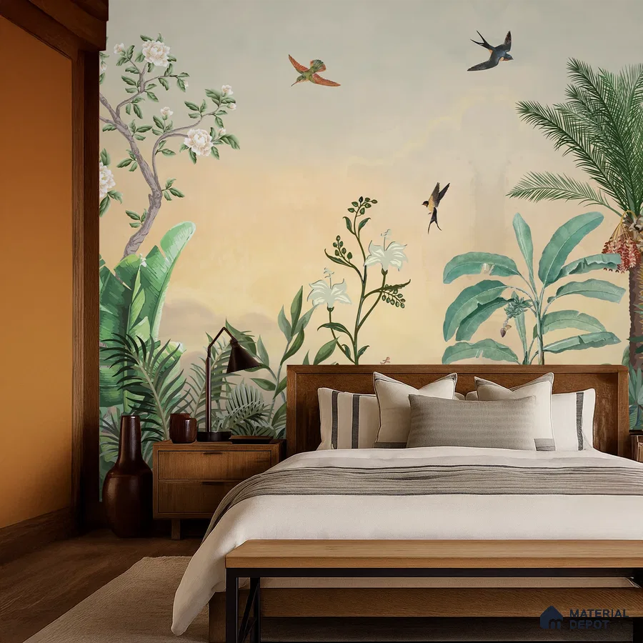 Eclectic bedroom with tropical nature wallpaper and warm wood furniture in Bengaluru