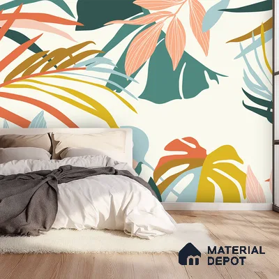 Eclectic bedroom with tropical patterned wallpaper and light oak wooden flooring in Bengaluru