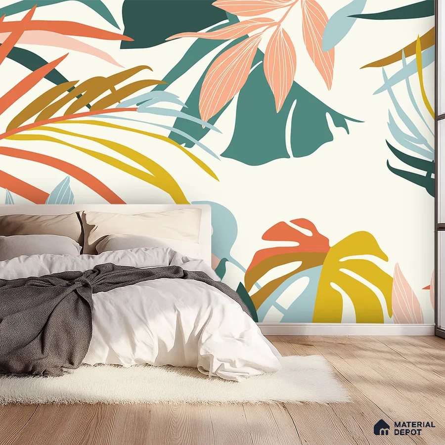 Eclectic bedroom with tropical patterned wallpaper and light oak wooden flooring in Bengaluru
