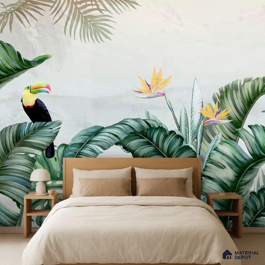 Eclectic bedroom with tropical wallpaper and natural wood bed in Bengaluru