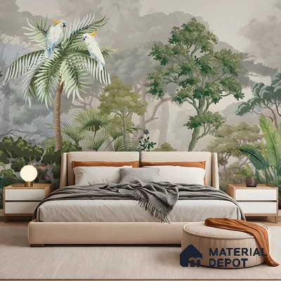 Eclectic bedroom with tropical wallpaper, beige upholstered bed, and warm neutral palette in Bengaluru
