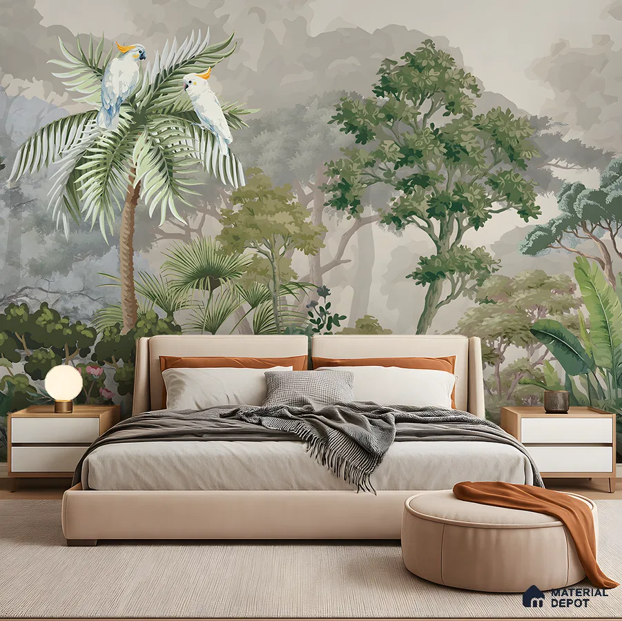 Eclectic bedroom with tropical wallpaper, beige upholstered bed, and warm neutral palette in Bengaluru