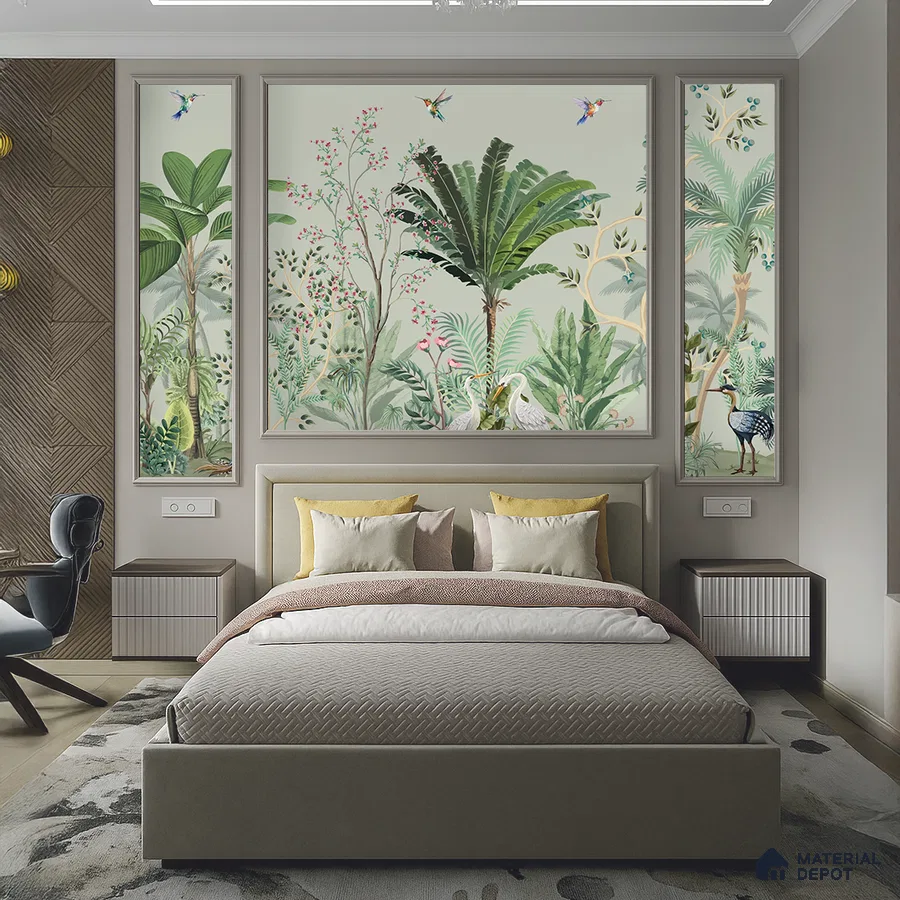 Eclectic bedroom with tropical wallpaper, chevron wood panel, and upholstered bed in Bengaluru