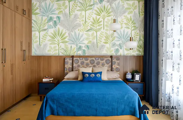 Eclectic bedroom with tropical wallpaper, oak wood laminate wardrobe, and blue accents in Purva Fountain Square Marathahalli 2 BHK Bengaluru Apartment