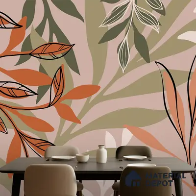 Eclectic dining room with abstract floral wallpaper and taupe upholstered chairs in Bengaluru