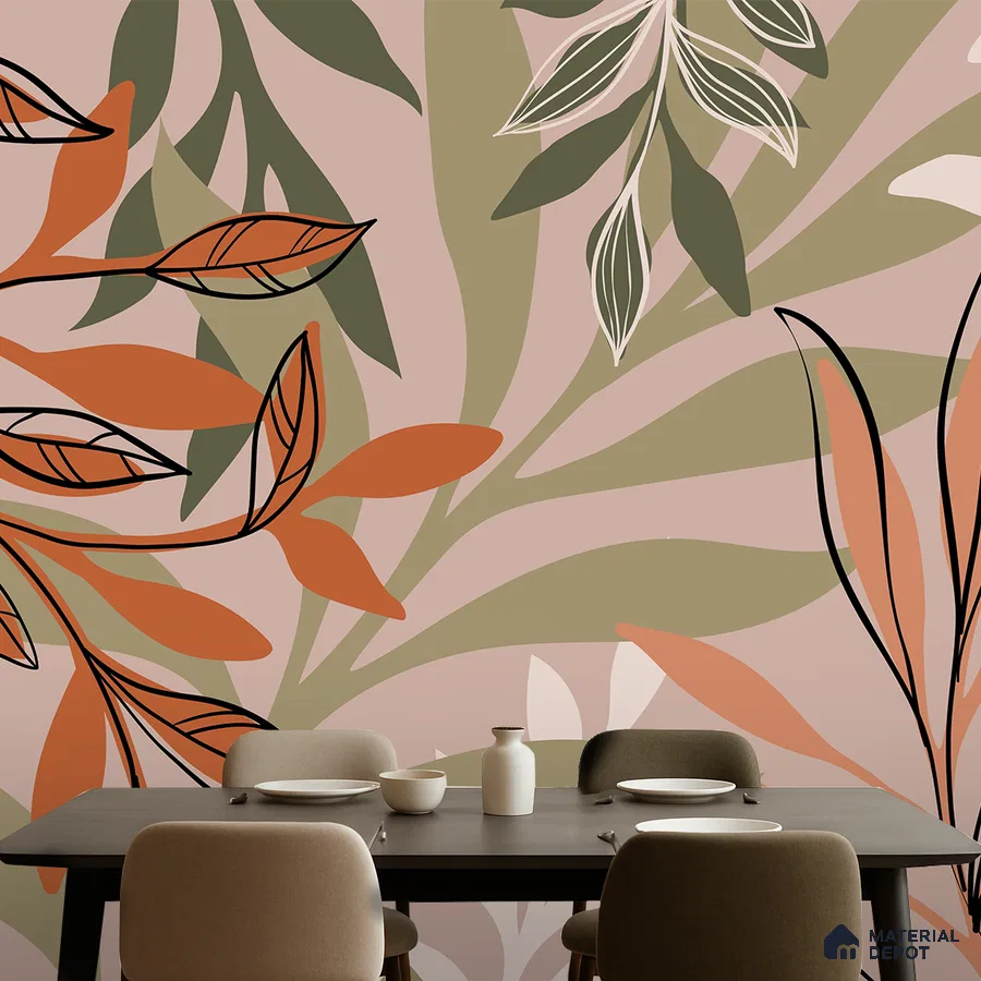 Eclectic dining room with abstract floral wallpaper and taupe upholstered chairs in Bengaluru
