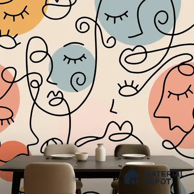 Eclectic dining room with abstract line art wallpaper and modern dining set in Bengaluru