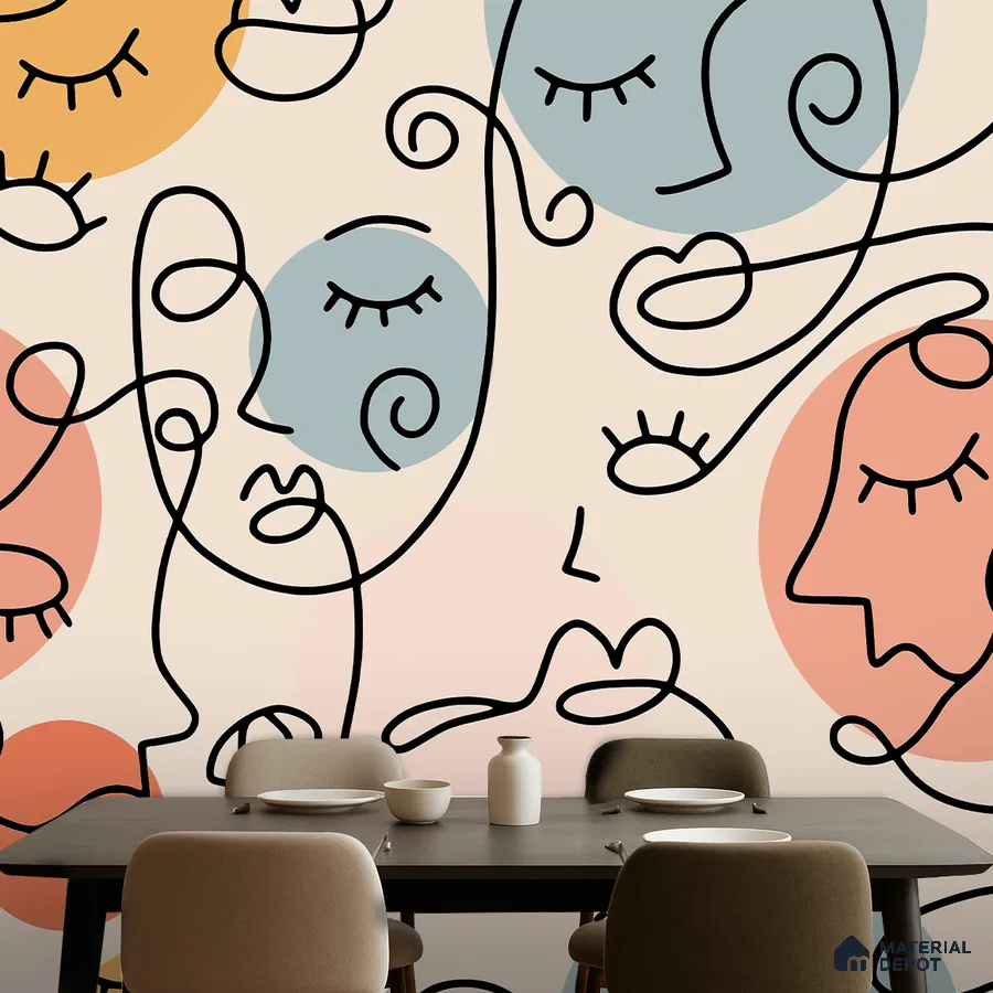 Eclectic dining room with abstract line art wallpaper and modern dining set in Bengaluru