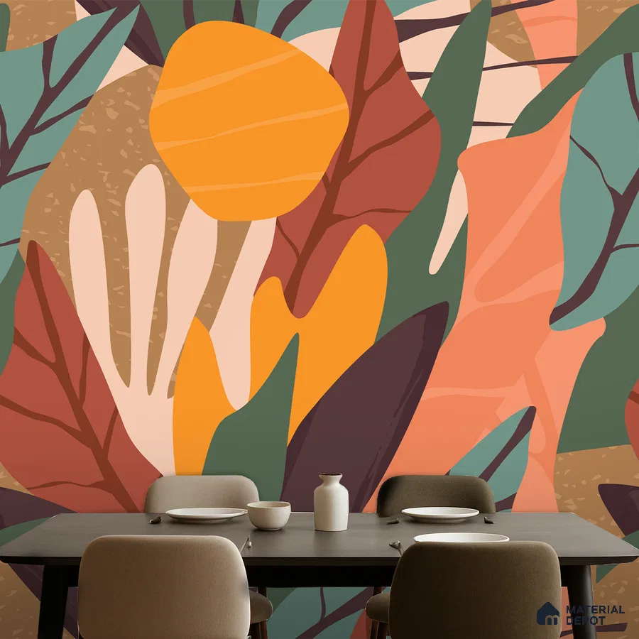 Eclectic dining room with abstract tropical wallpaper and taupe upholstered chairs in Bengaluru