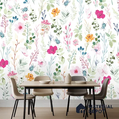 Eclectic dining room with floral wallpaper and light wood dining table in Bengaluru