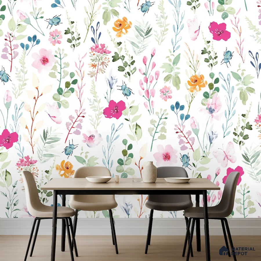 Eclectic dining room with floral wallpaper and light wood dining table in Bengaluru