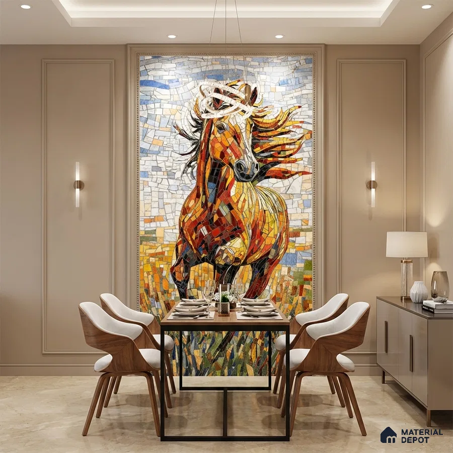 Eclectic dining room with horse mosaic accent wall and beige marble floor tile