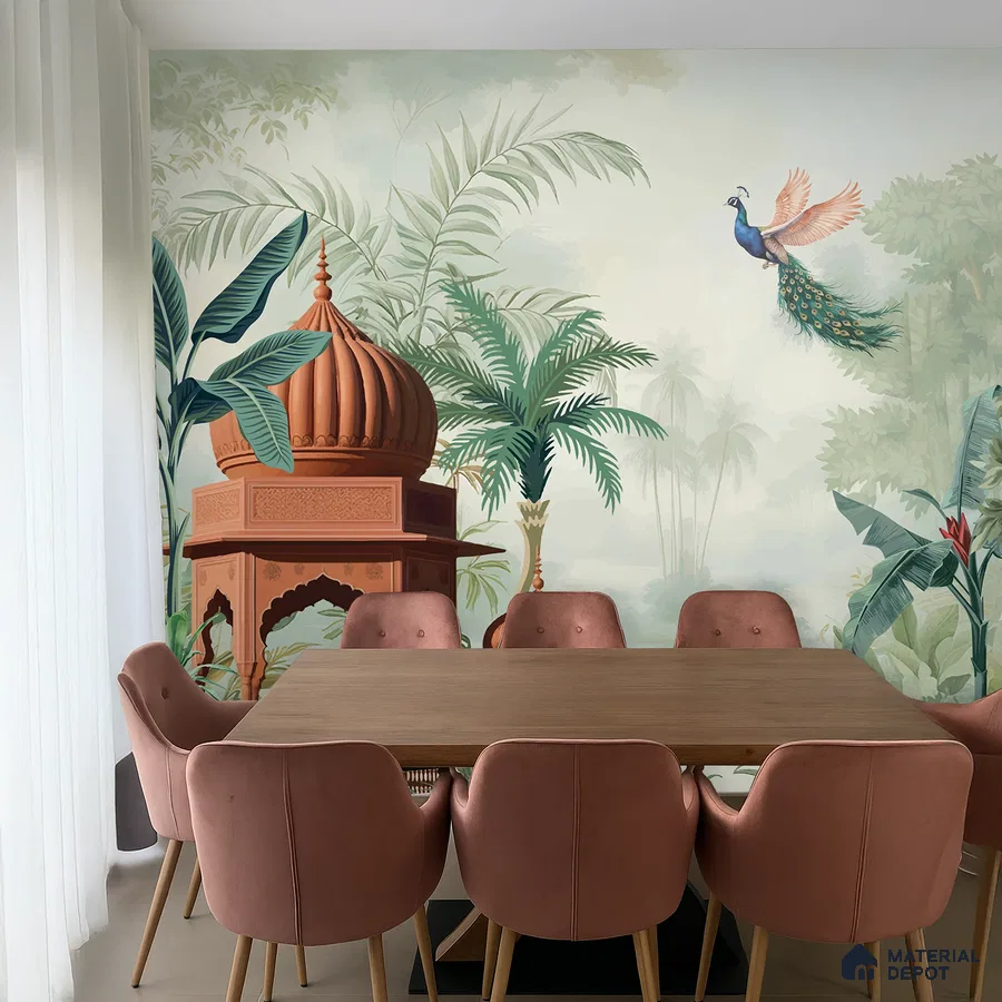 Eclectic dining room with Indian mural wallpaper and blush pink suede chairs in Bengaluru
