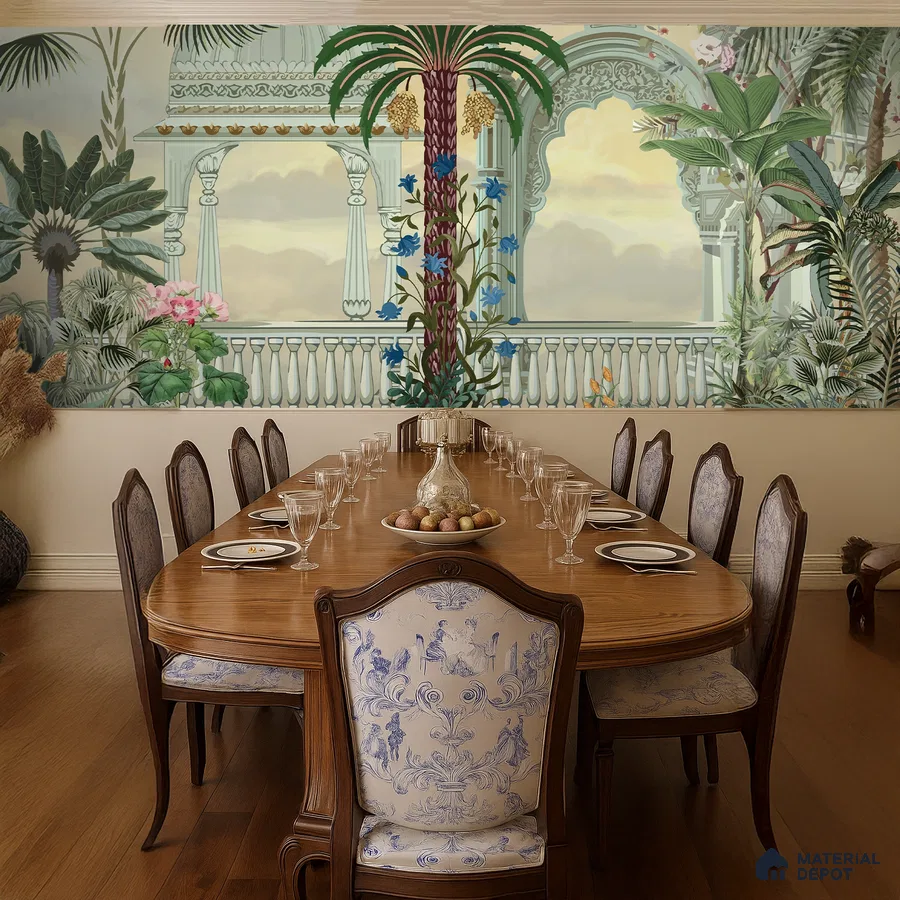 Eclectic dining room with Indian mural wallpaper, classic wood dining table, and floral upholstered chairs in Bengaluru