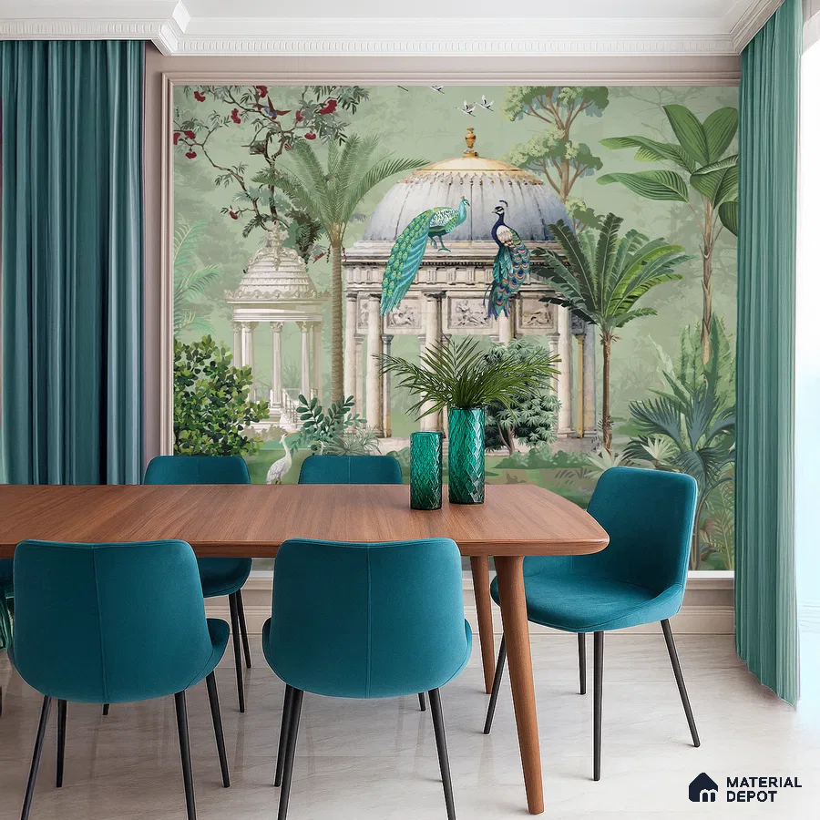 Eclectic dining room with Indian mural wallpaper, teal upholstery, and wooden dining table in Bengaluru