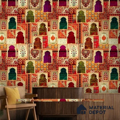 Eclectic dining room with Indian patterned wallpaper and fluted wood paneling in Bengaluru