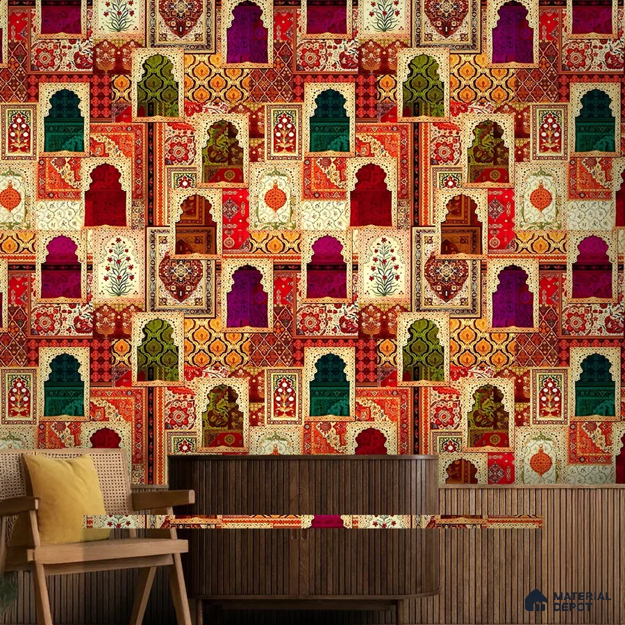 Eclectic dining room with Indian patterned wallpaper and fluted wood paneling in Bengaluru