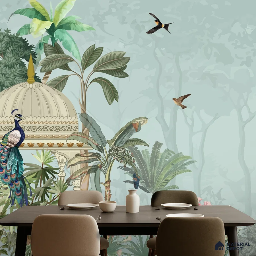 Eclectic dining room with Indian tropical mural wallpaper and dark wood dining table in Bengaluru