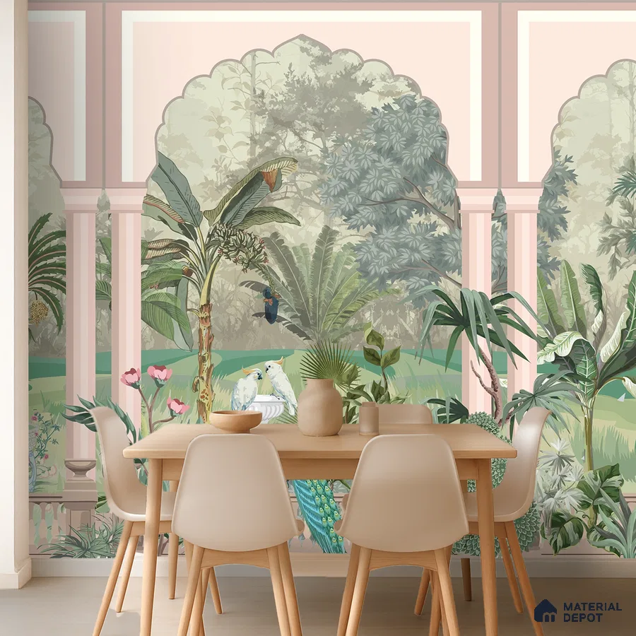 Eclectic dining room with Indian tropical mural wallpaper and light wood dining set in Bengaluru