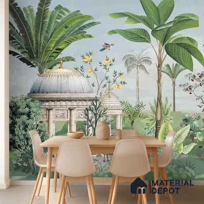 Eclectic dining room with Indian tropical mural wallpaper and light wood furniture in Bengaluru