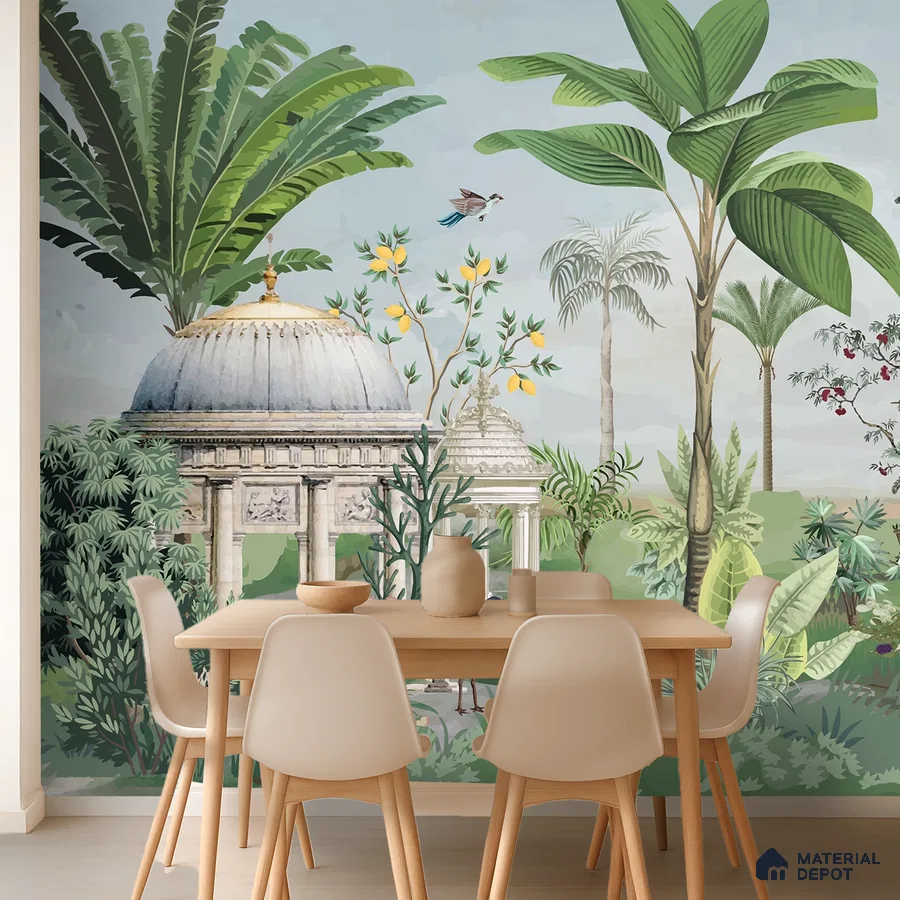 Eclectic dining room with Indian tropical mural wallpaper and light wood furniture in Bengaluru