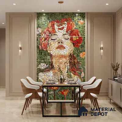 Eclectic dining room with mosaic floral accent wall and beige marble flooring