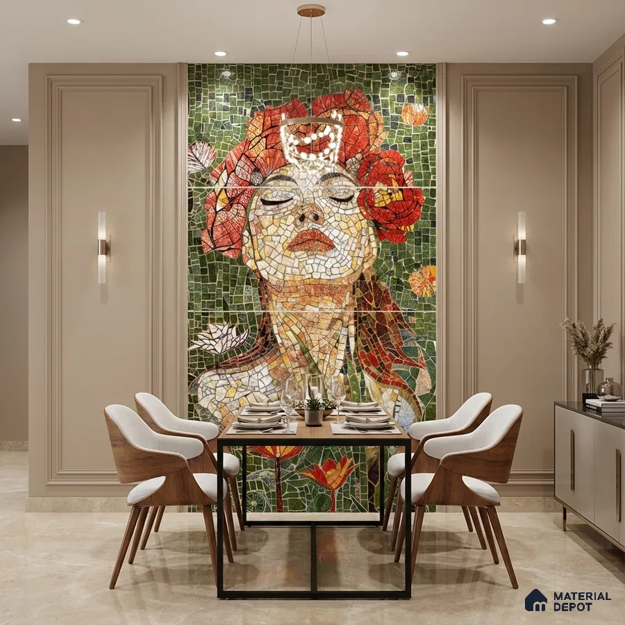 Eclectic dining room with mosaic floral accent wall and beige marble flooring
