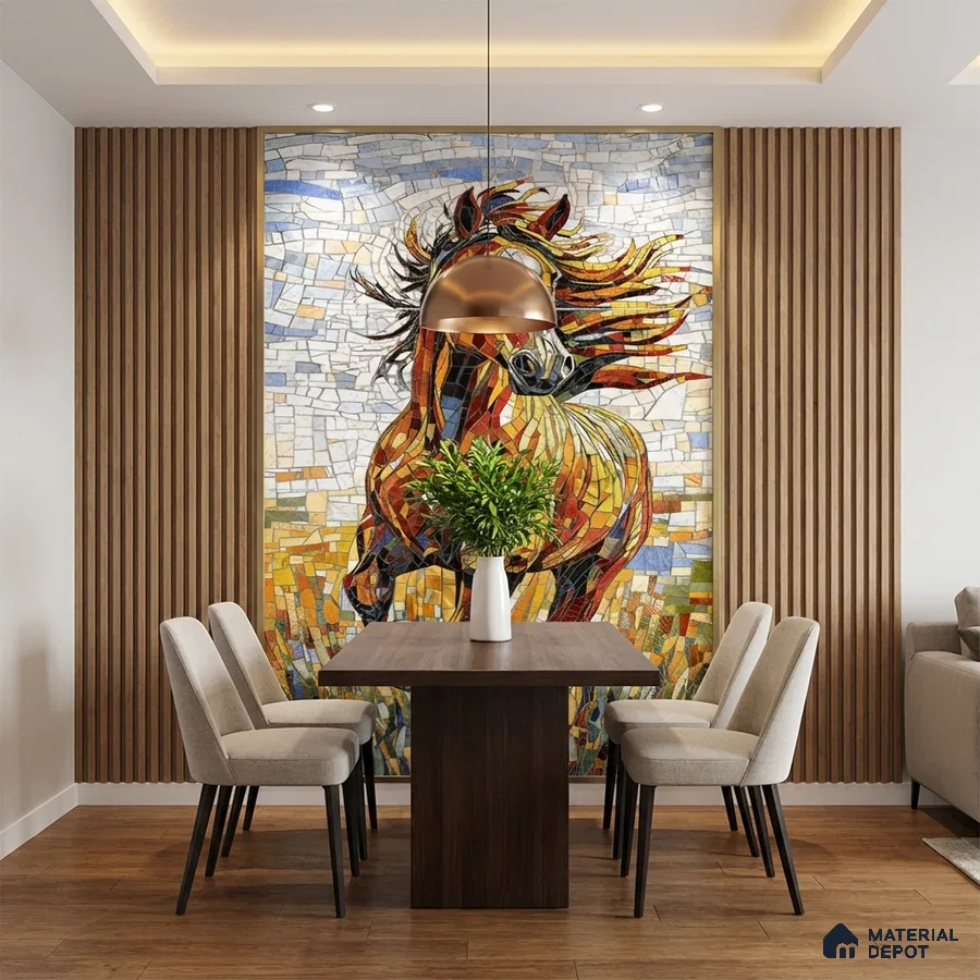 Eclectic dining room with mosaic horse mural, walnut wood dining table, and vertical wood slat wall panels