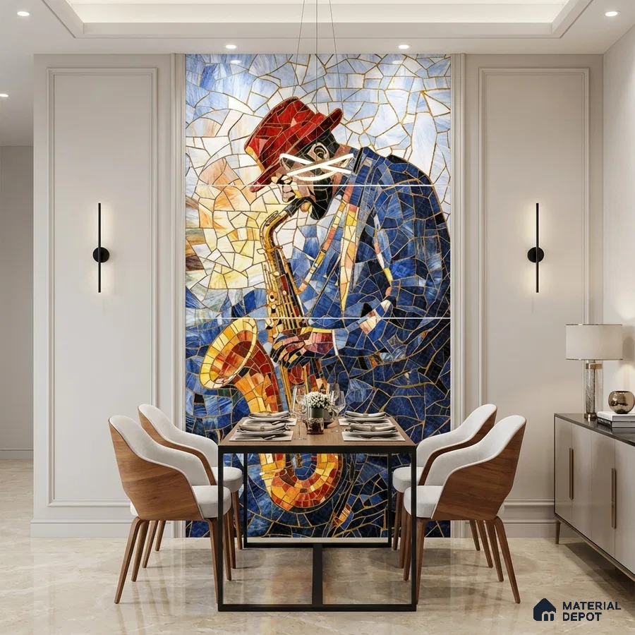 Eclectic dining room with mosaic jazz musician accent wall and marble floor tiles