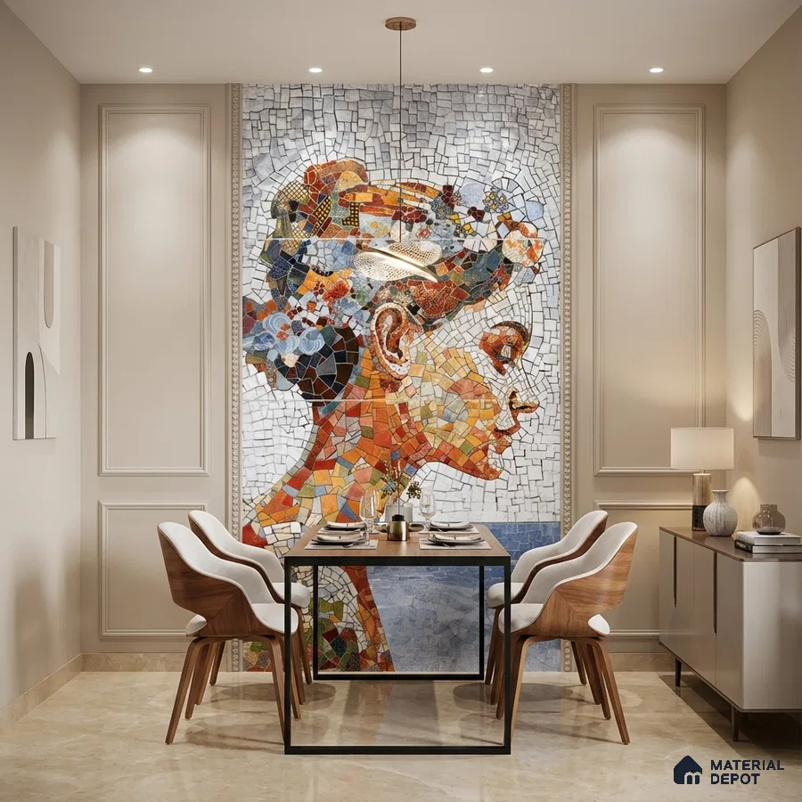 Eclectic dining room with mosaic poster mural tile on wall, beige marble floor, and wood-accent dining chairs