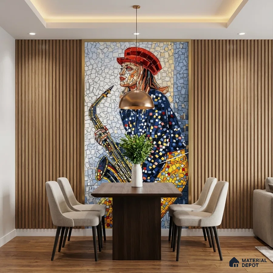Eclectic dining room with mosaic poster mural tile on wall, vertical wood louvers, and walnut wood flooring