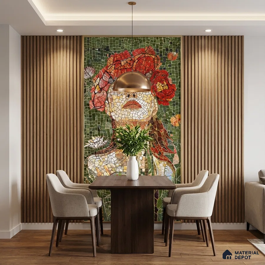 Eclectic dining room with mosaic poster mural tile on wall, wood slat panels, and walnut dining table