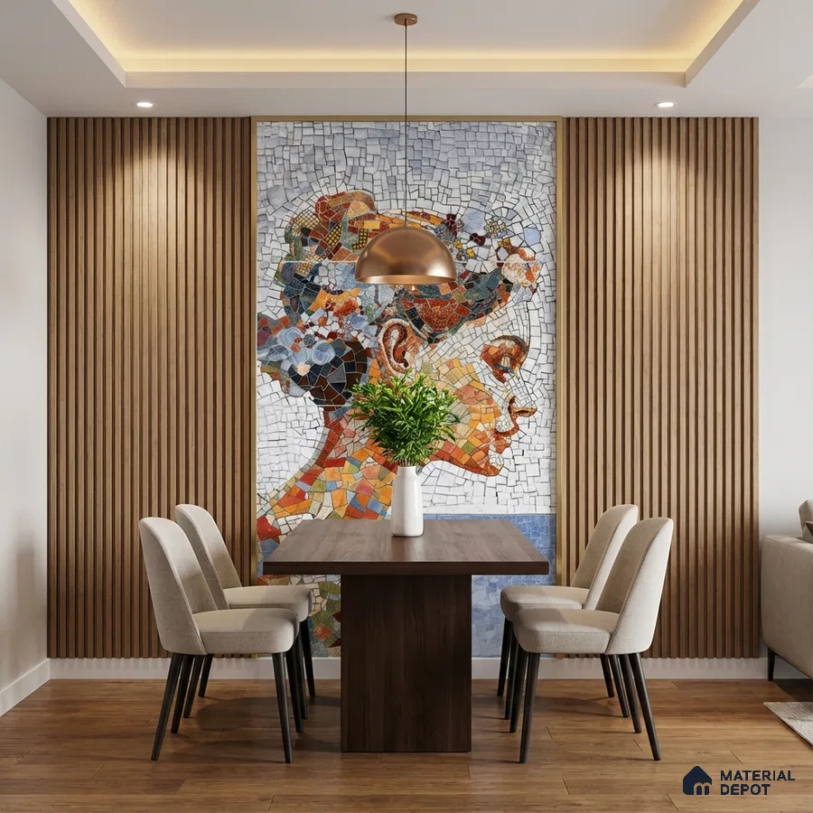 Eclectic dining room with mosaic poster mural tile on wall, wooden fluted panels, and walnut wood flooring