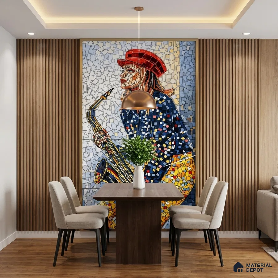 Eclectic dining room with mosaic poster mural tile on wall, wooden louvers, and walnut dining table