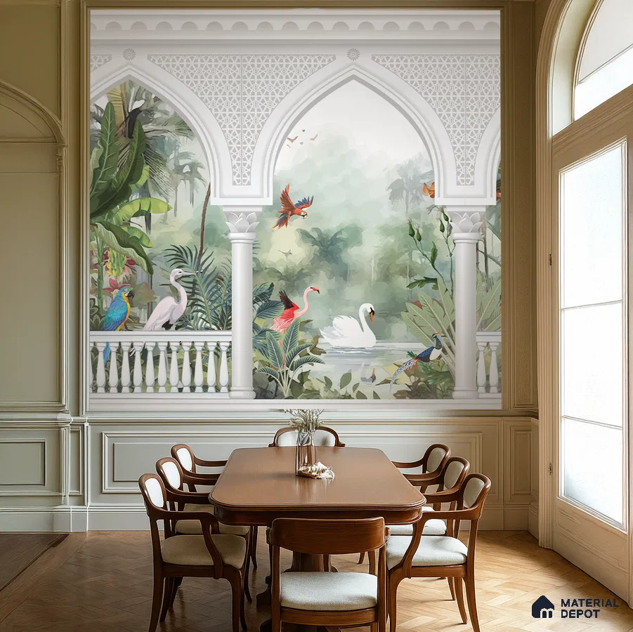 Eclectic dining room with nature-inspired mural wallpaper and classic wood dining set in Bengaluru